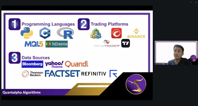 programming language, R, python, c++, MQL5, fxdreema, MT5, MT4, C, Binance, Refinitiv, Ninjatrader, Tradingview, Bloomberg, Yahoo, Yahoo Finance, Quandl, Thomson Reuters, Factset